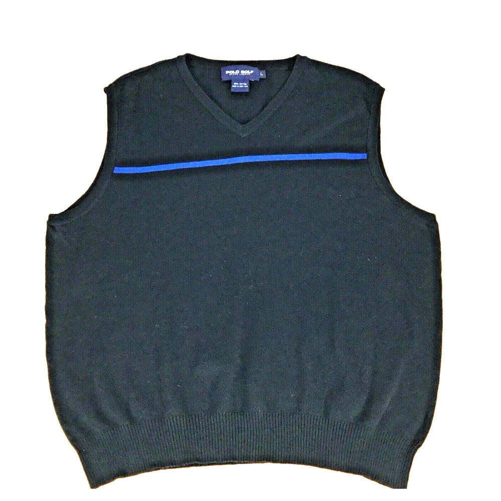 Polo Golf Ralph Lauren Mens Large Navy Blue Cotton V-Neck Sweater Vest Striped